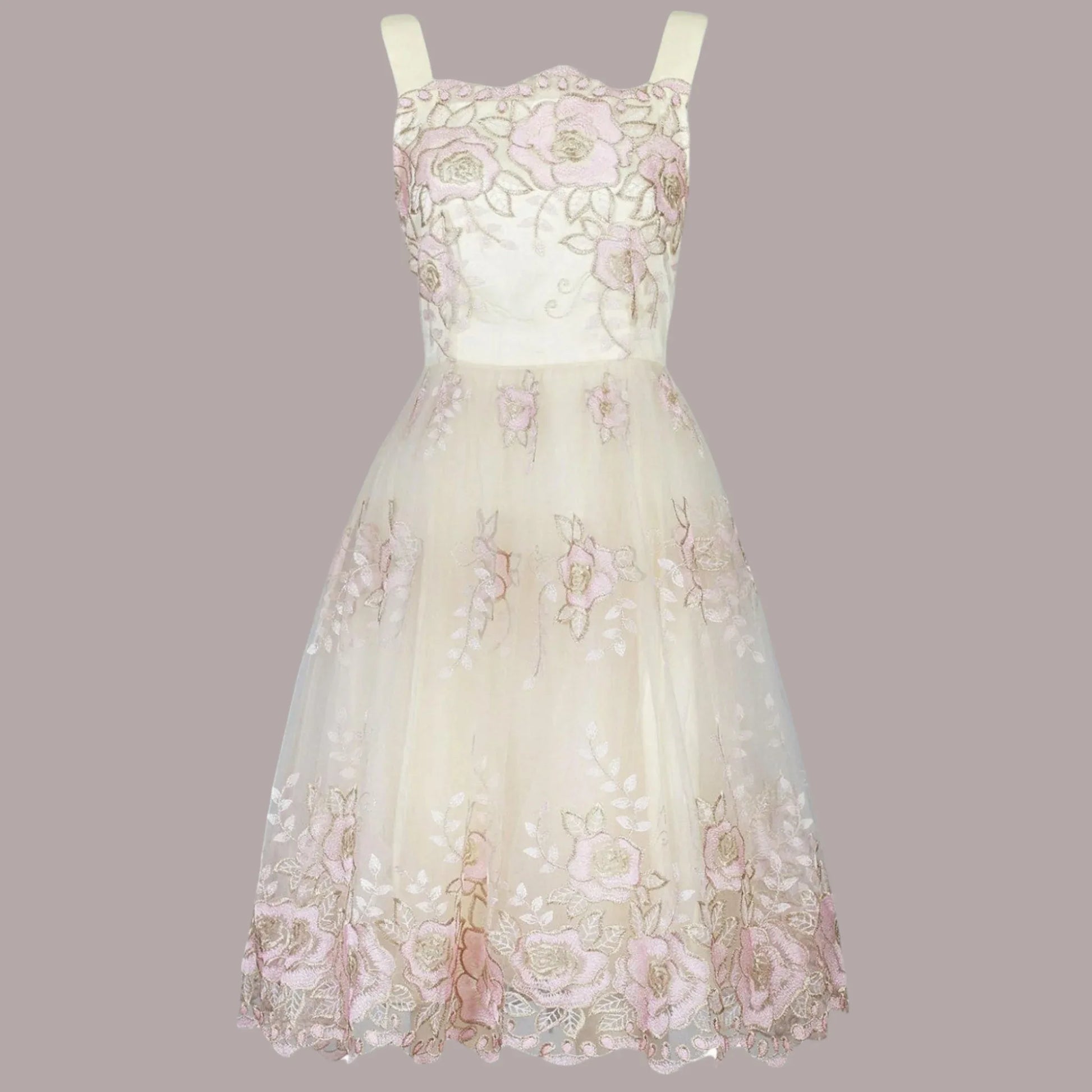 Jolie Moi Cream Pink Gold Tulle Floral Dress UK 8 US 4 EU 36 - Timelessfashions