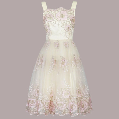 Jolie Moi Cream Pink Gold Tulle Floral Dress UK 8 US 4 EU 36 - Timelessfashions