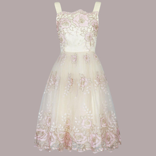 Floral lace dress on a gray background