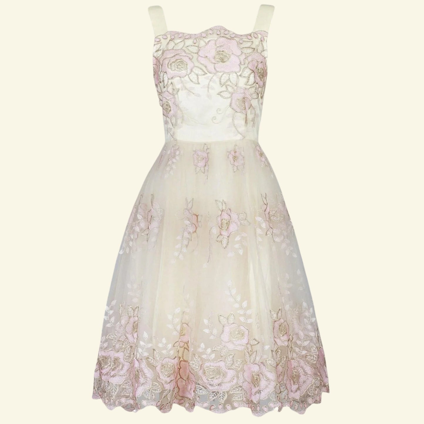 Jolie Moi Cream Pink Gold Tulle Floral Dress UK 8 US 4 EU 36 - Timelessfashions