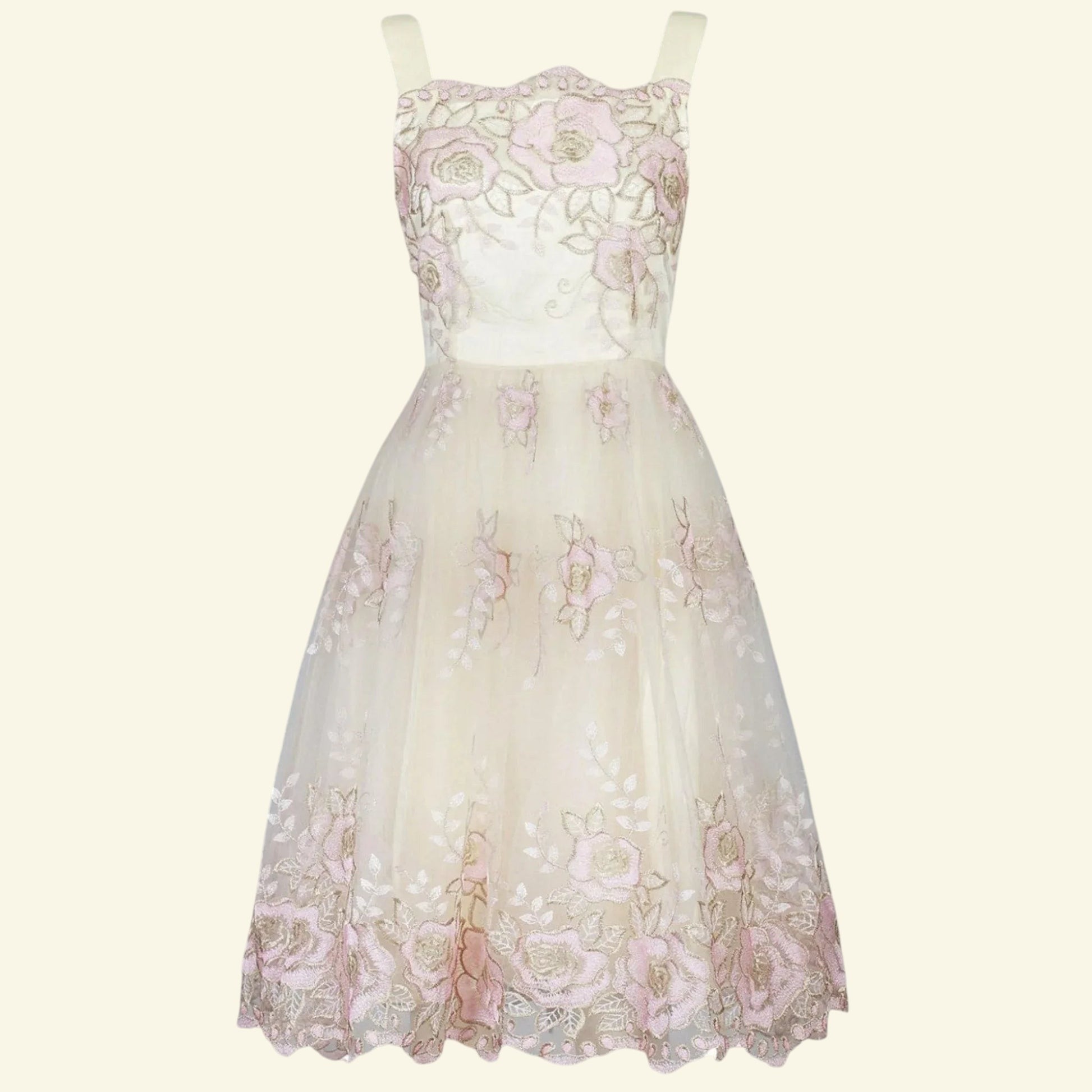 Jolie Moi Cream Pink Gold Tulle Floral Dress UK 8 US 4 EU 36 - Timelessfashions