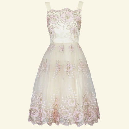 Jolie Moi Cream Pink Gold Tulle Floral Dress UK 8 US 4 EU 36 - Timelessfashions