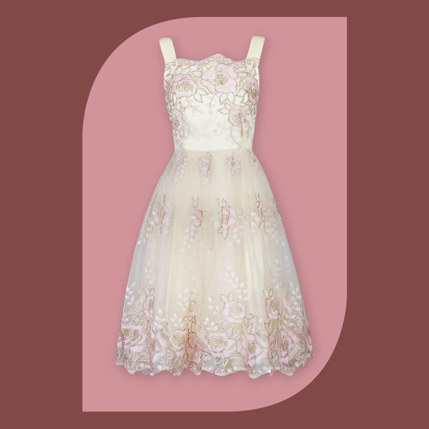 Jolie Moi Cream Pink Gold Tulle Floral Dress UK 8/10 Timeless Fashions