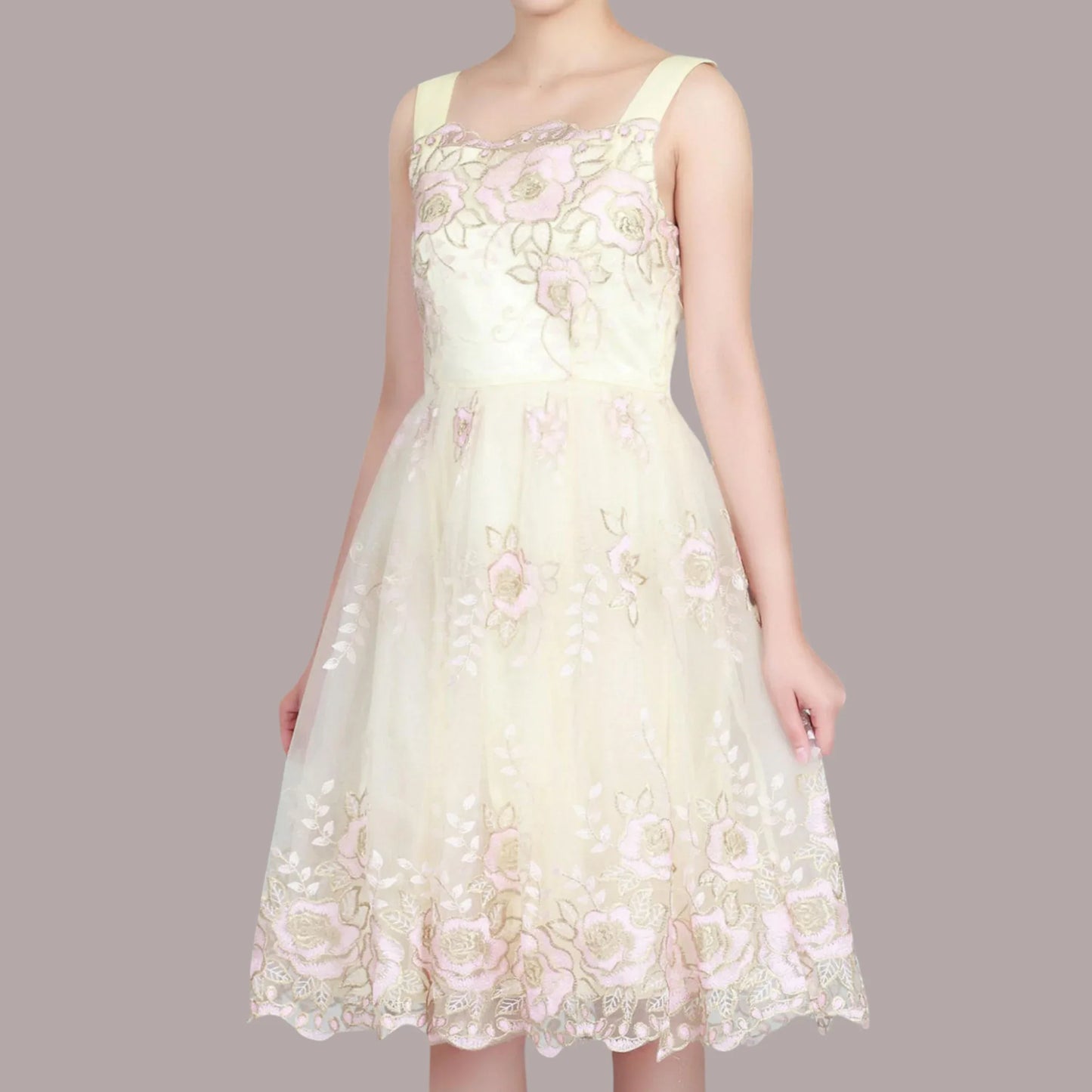 Jolie Moi Cream Pink Gold Tulle Floral Dress UK 8 US 4 EU 36 - Timelessfashions