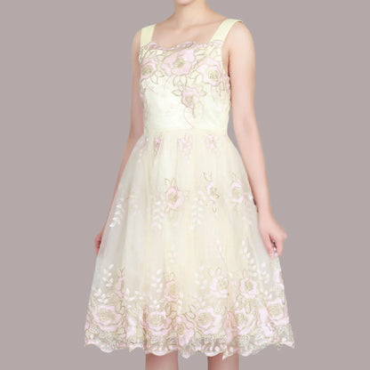 Jolie Moi Cream Pink Gold Tulle Floral Dress UK 8 US 4 EU 36 - Timelessfashions