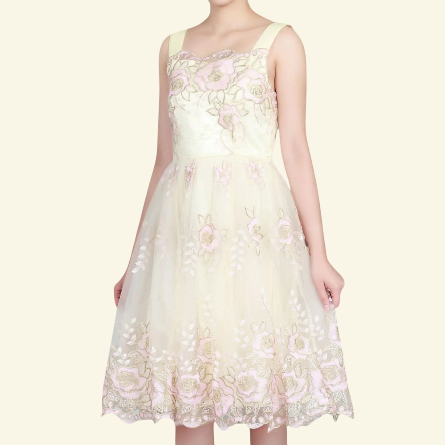 Jolie Moi Cream Pink Gold Tulle Floral Dress UK 8 US 4 EU 36 - Timelessfashions
