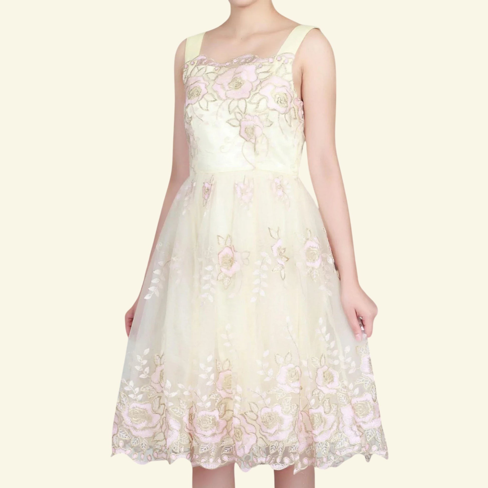 Jolie Moi Cream Pink Gold Tulle Floral Dress UK 8 US 4 EU 36 - Timelessfashions