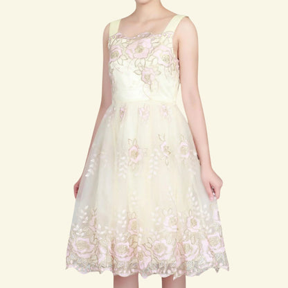 Jolie Moi Cream Pink Gold Tulle Floral Dress UK 8 US 4 EU 36 - Timelessfashions