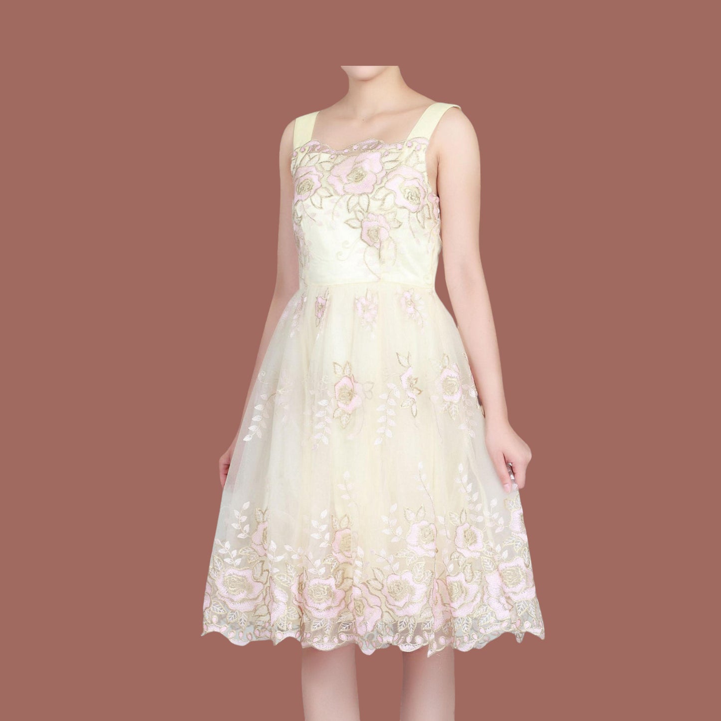 Jolie Moi Cream Pink Gold Tulle Floral Dress UK 8/10 Timeless Fashions