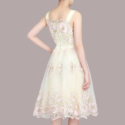 Jolie Moi Cream Pink Gold Tulle Floral Dress UK 8 US 4 EU 36 - Timelessfashions