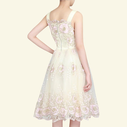 Jolie Moi Cream Pink Gold Tulle Floral Dress UK 8 US 4 EU 36 - Timelessfashions