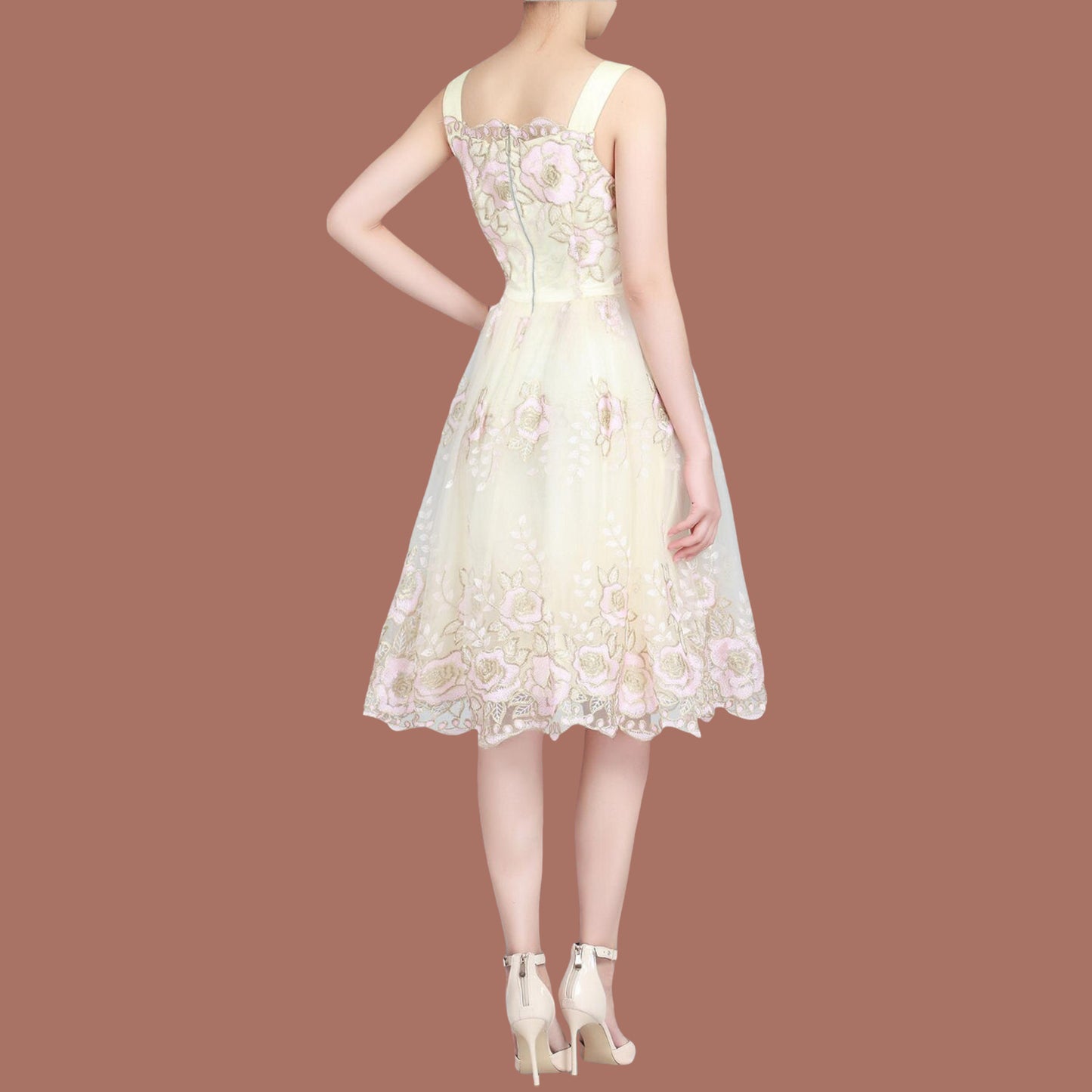 Jolie Moi Cream Pink Gold Tulle Floral Dress UK 8/10 Timeless Fashions