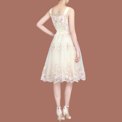 Jolie Moi Cream Pink Gold Tulle Floral Dress UK 8/10 Timeless Fashions