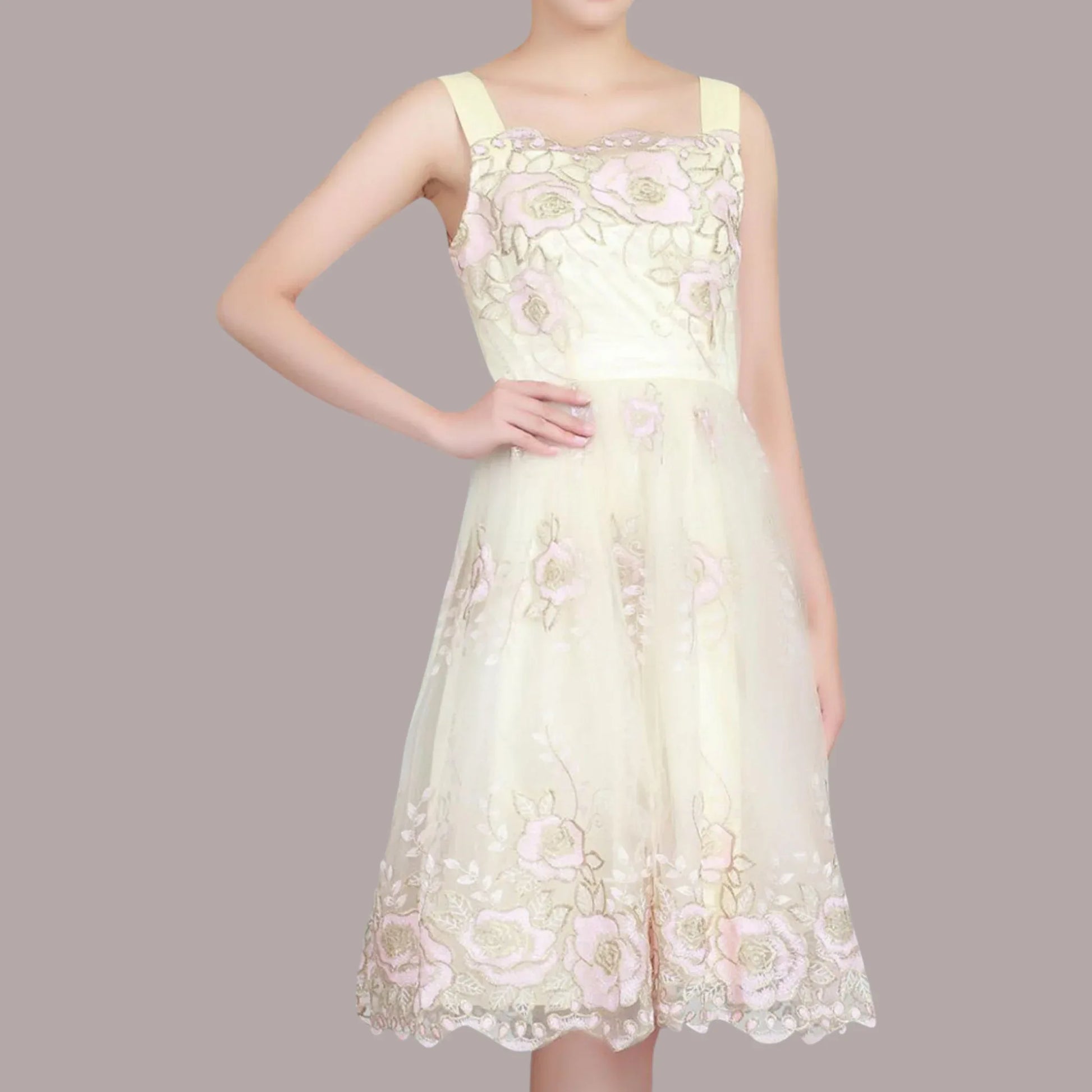 Jolie Moi Cream Pink Gold Tulle Floral Dress UK 8 US 4 EU 36 - Timelessfashions