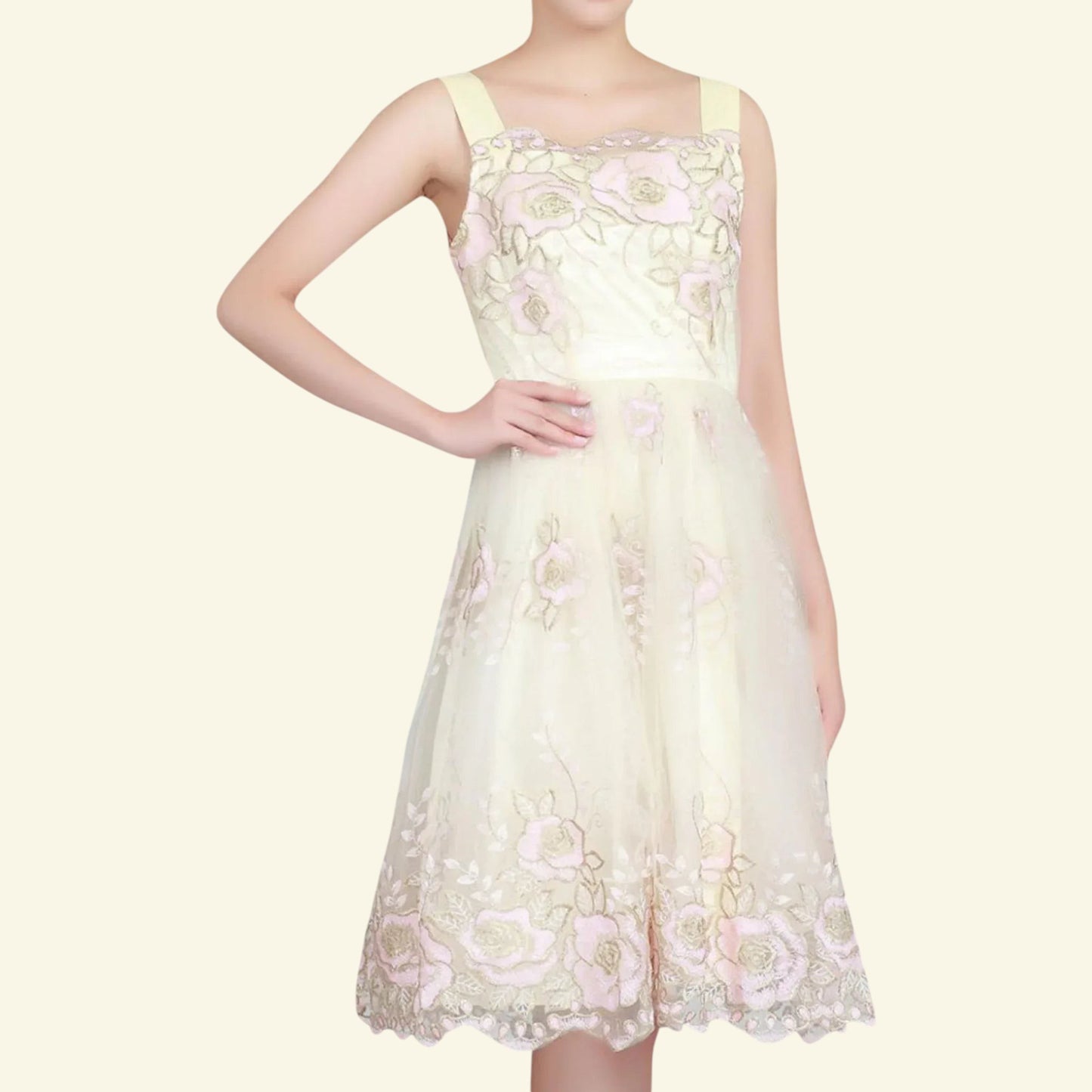 Jolie Moi Cream Pink Gold Tulle Floral Dress UK 8 US 4 EU 36 - Timelessfashions
