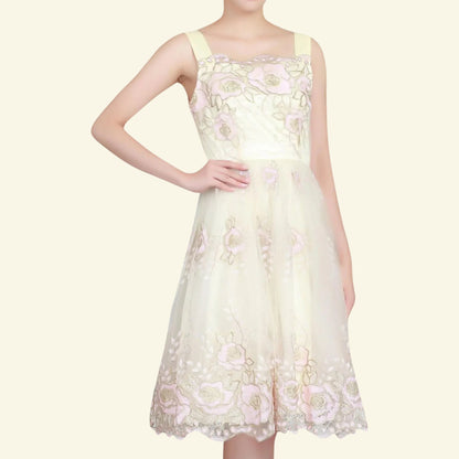 Jolie Moi Cream Pink Gold Tulle Floral Dress UK 8 US 4 EU 36 - Timelessfashions