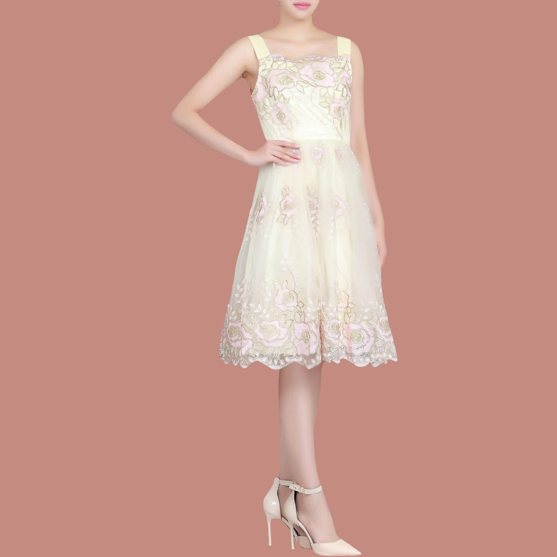 Jolie Moi Cream Pink Gold Tulle Floral Dress UK 8/10 Timeless Fashions