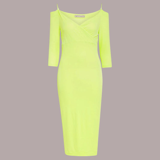 Lime green off shoulder dress on beige background