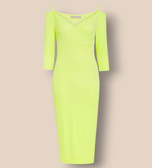 Neon green dress on a beige background