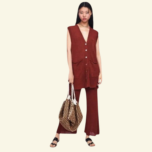 ZARA Rust Knit Linen Mix Wide Leg Culottes & Long Waistcoat UK 12 US 8 EU 40 - Timelessfashions