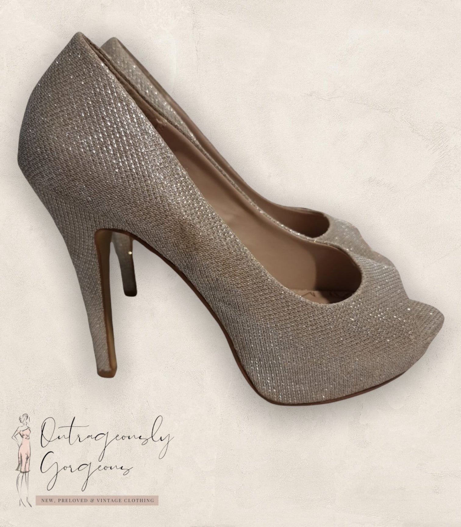 Next Pale Gold Glitter Wide Fit, Peep Toe, Platform Court Shoes Heels UK 7 EU 41 Timeless Fashions