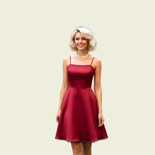 Red dress on model on beige background