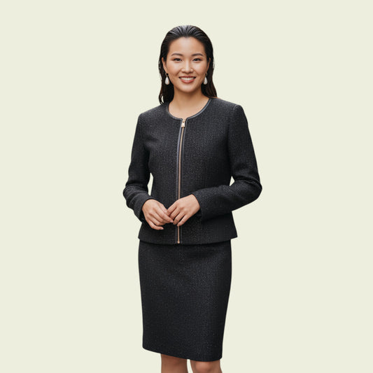 Woman wearing a navy suit on a beige background