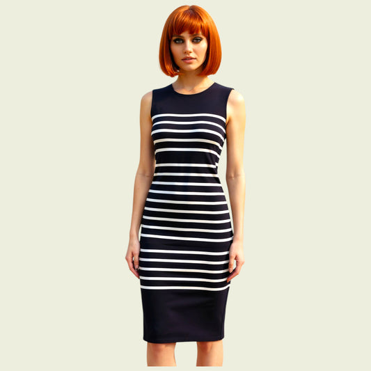 Woman wearing a black and white striped dress on a beige background