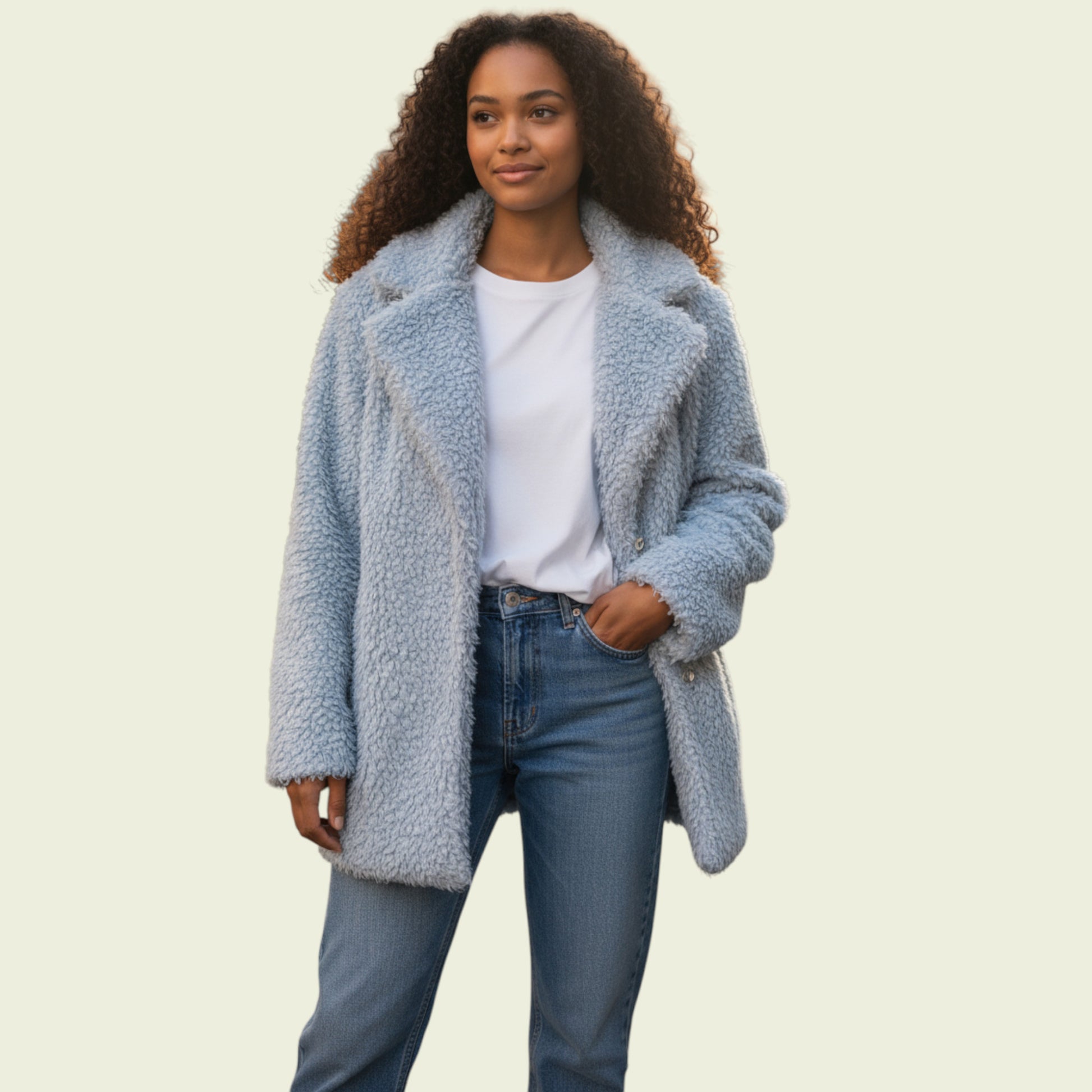 Woman wearing a light blue fluffy coat on a beige background