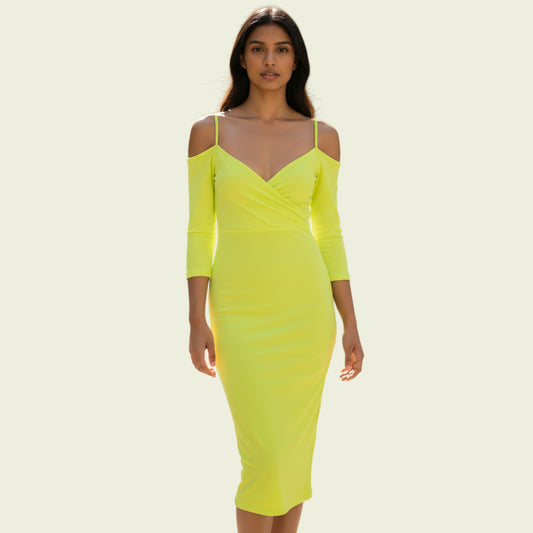 Model wearing a lime green off shoulder dress on beige background