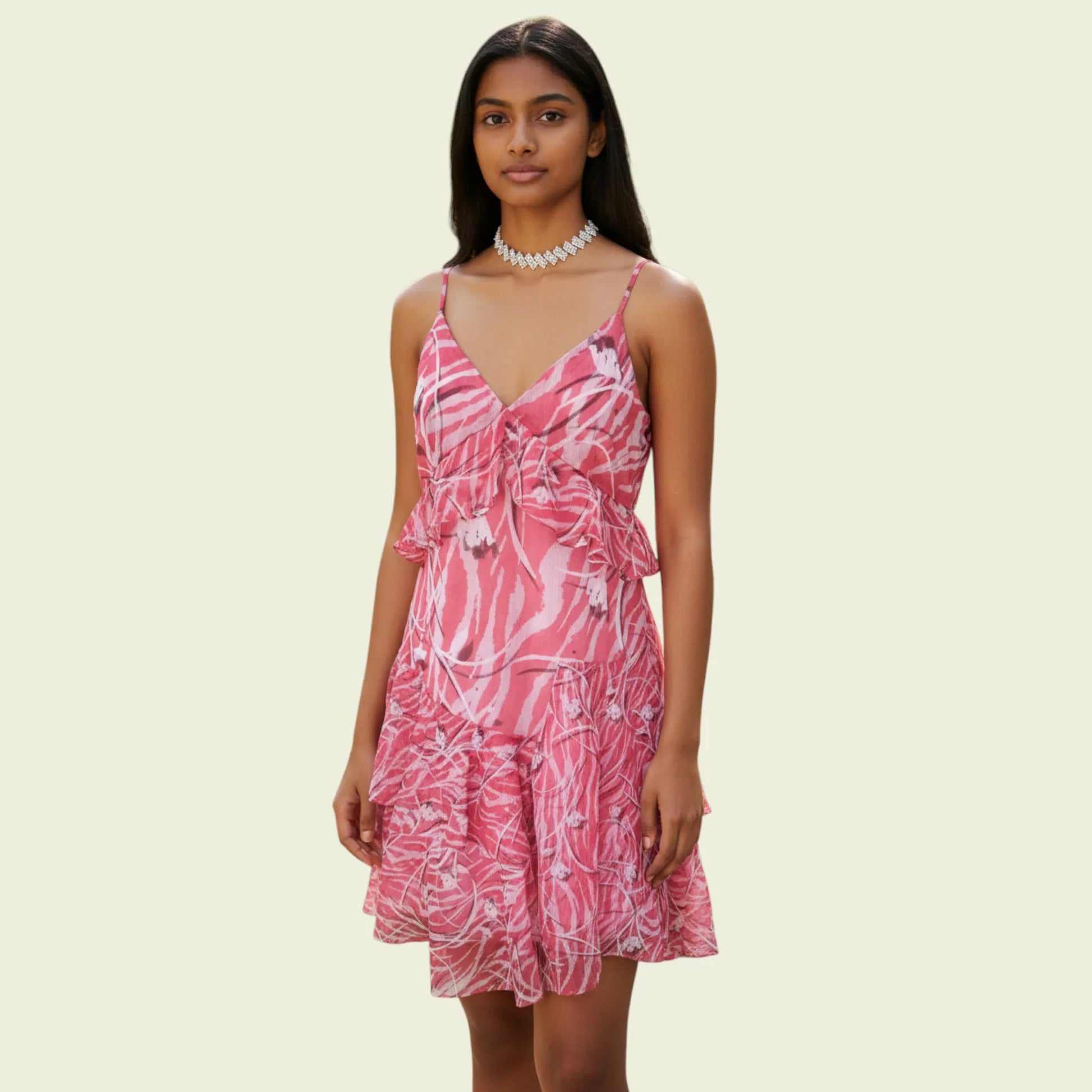 All Saints Enya Kazuno Pink And Cream Ruffled Dress UK 10 US 6 EU 38 - Timelessfashions