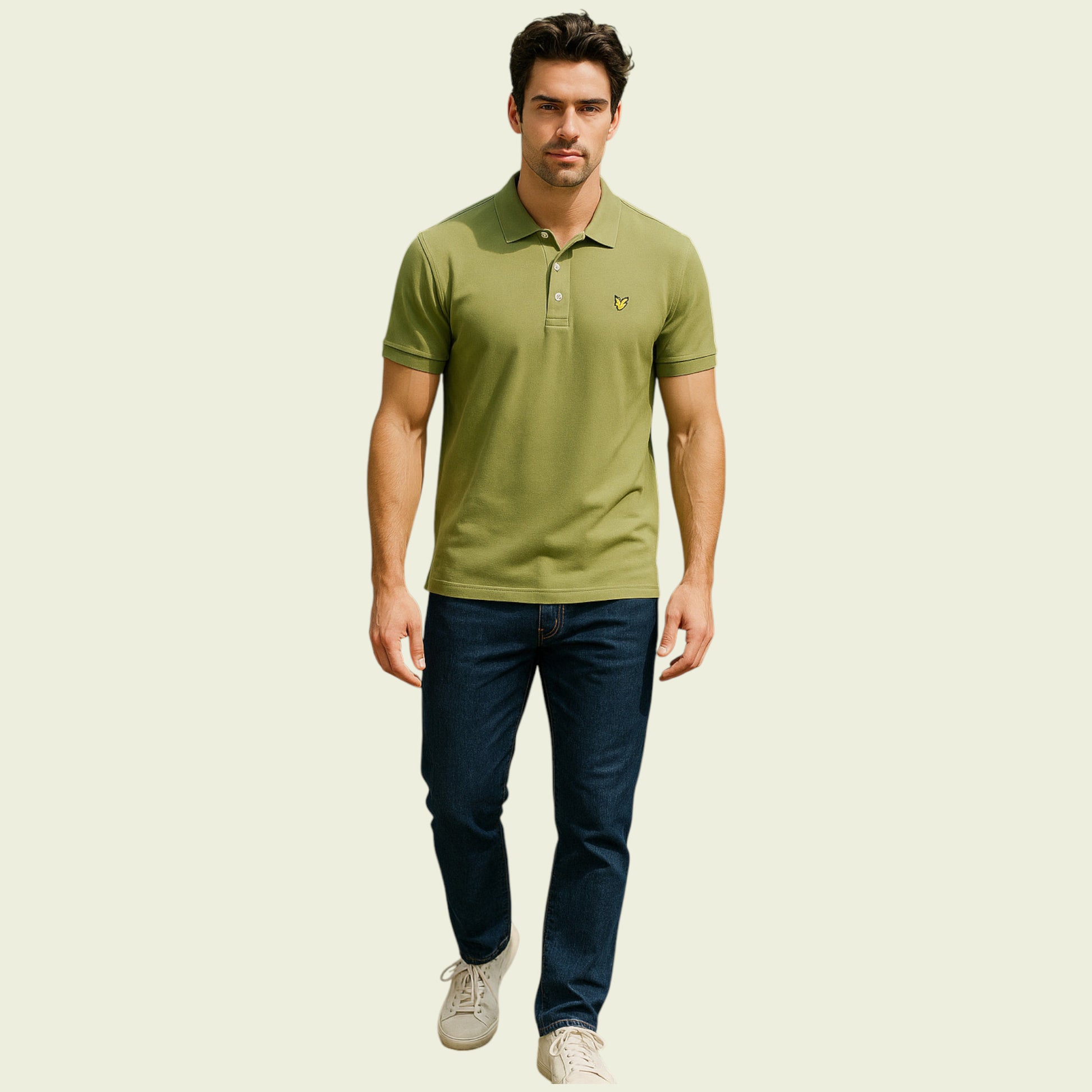 Man wearing a green polo shirt and blue jeans on a beige background