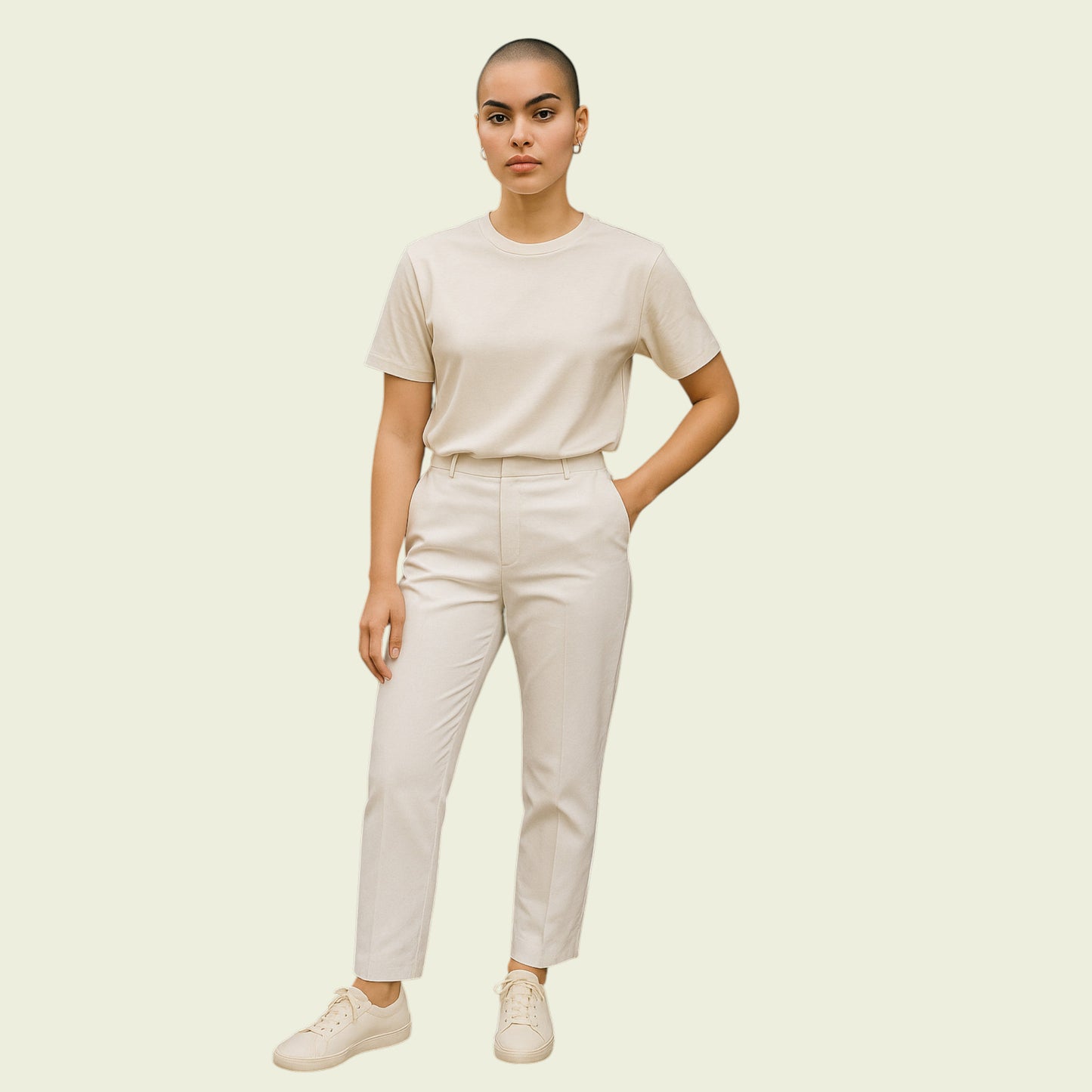 Person wearing a white t-shirt and pants on a light beige background