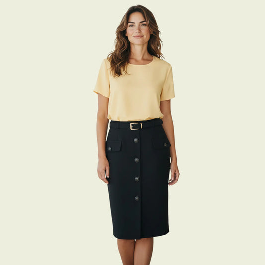 Joseph Ribkoff Vintage Yellow & Navy Short Sleeve Belted Dress UK 16 US 12 EU 44 - Timelessfashions