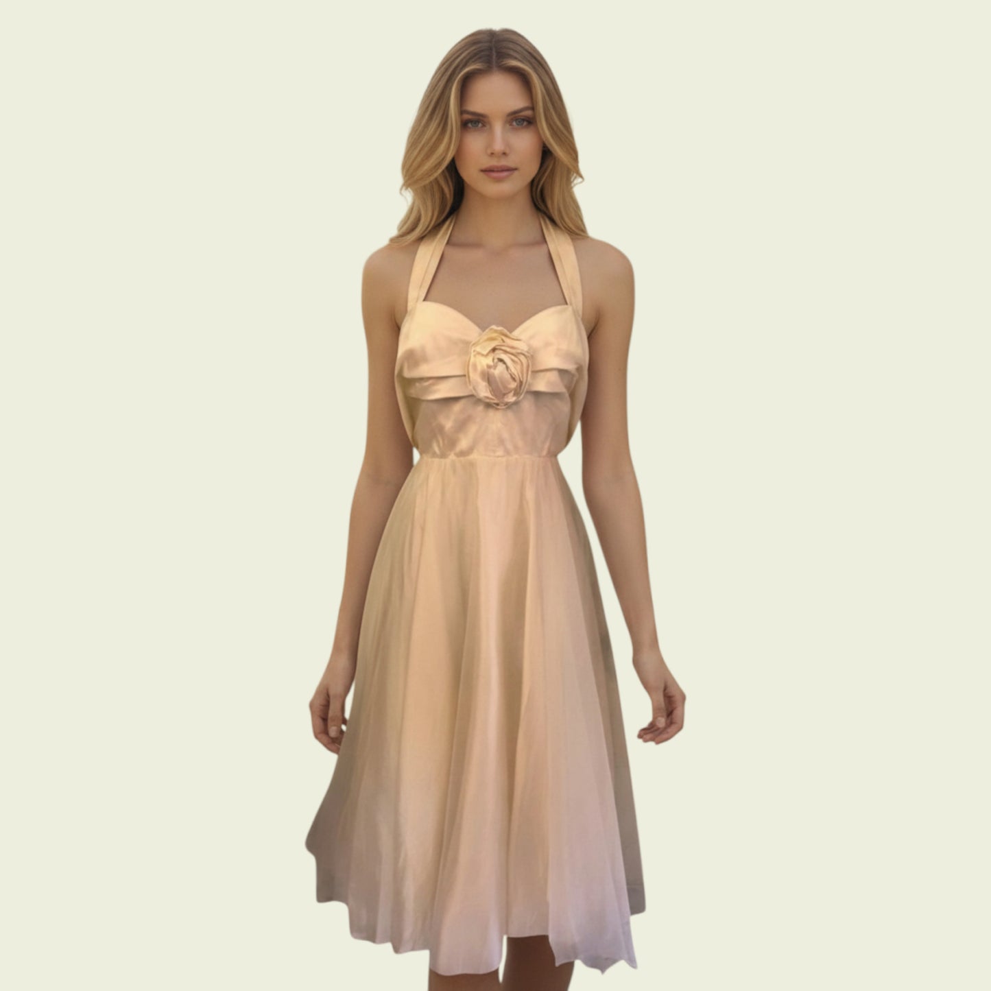 Model wearing cream organza prom dress on beige background