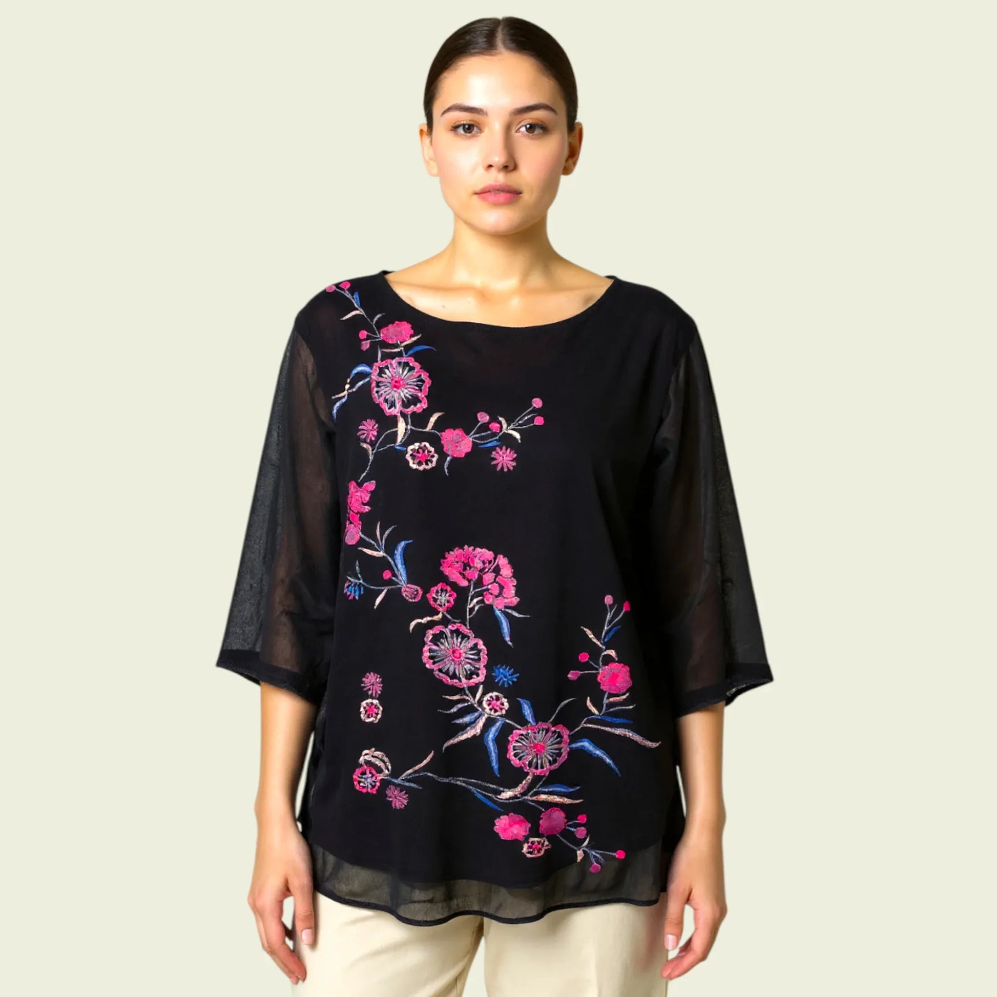 Pomodoro Black Chiffon Embroidered Floral Top UK 18 US 14 EU 46 - Timelessfashions