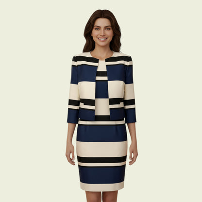 Linea Navy, Ivory & Black Colour Block Dress Jacket Suit UK 12 EU 40 US 8