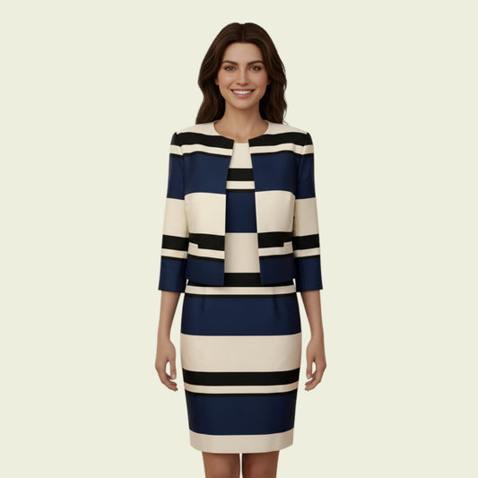 Linea Navy, Ivory & Black Colour Block Dress Jacket Suit UK 12 EU 40 US 8