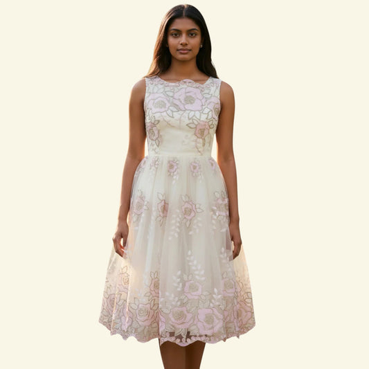 Jolie Moi Cream Pink Gold Tulle Floral Dress UK 8 US 4 EU 36 - Timelessfashions