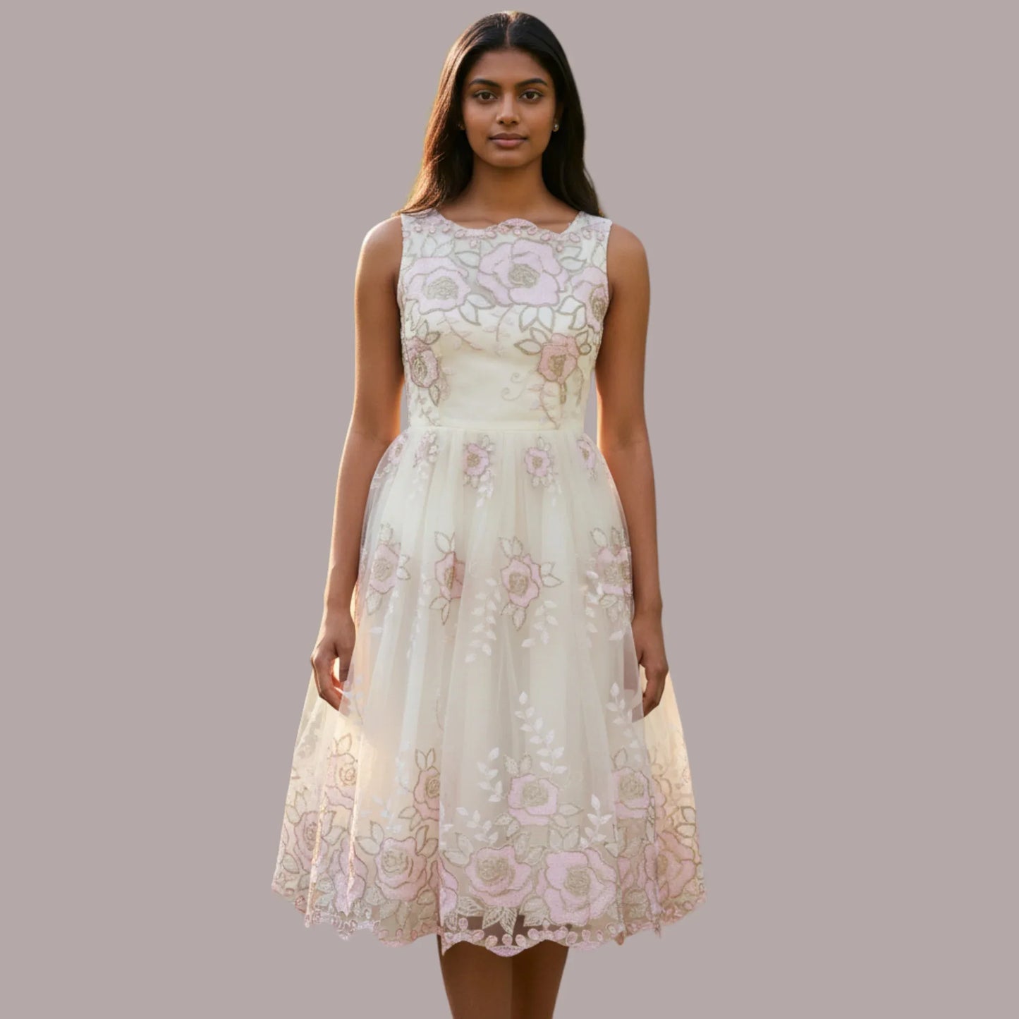 Jolie Moi Cream Pink Gold Tulle Floral Dress UK 8 US 4 EU 36 - Timelessfashions