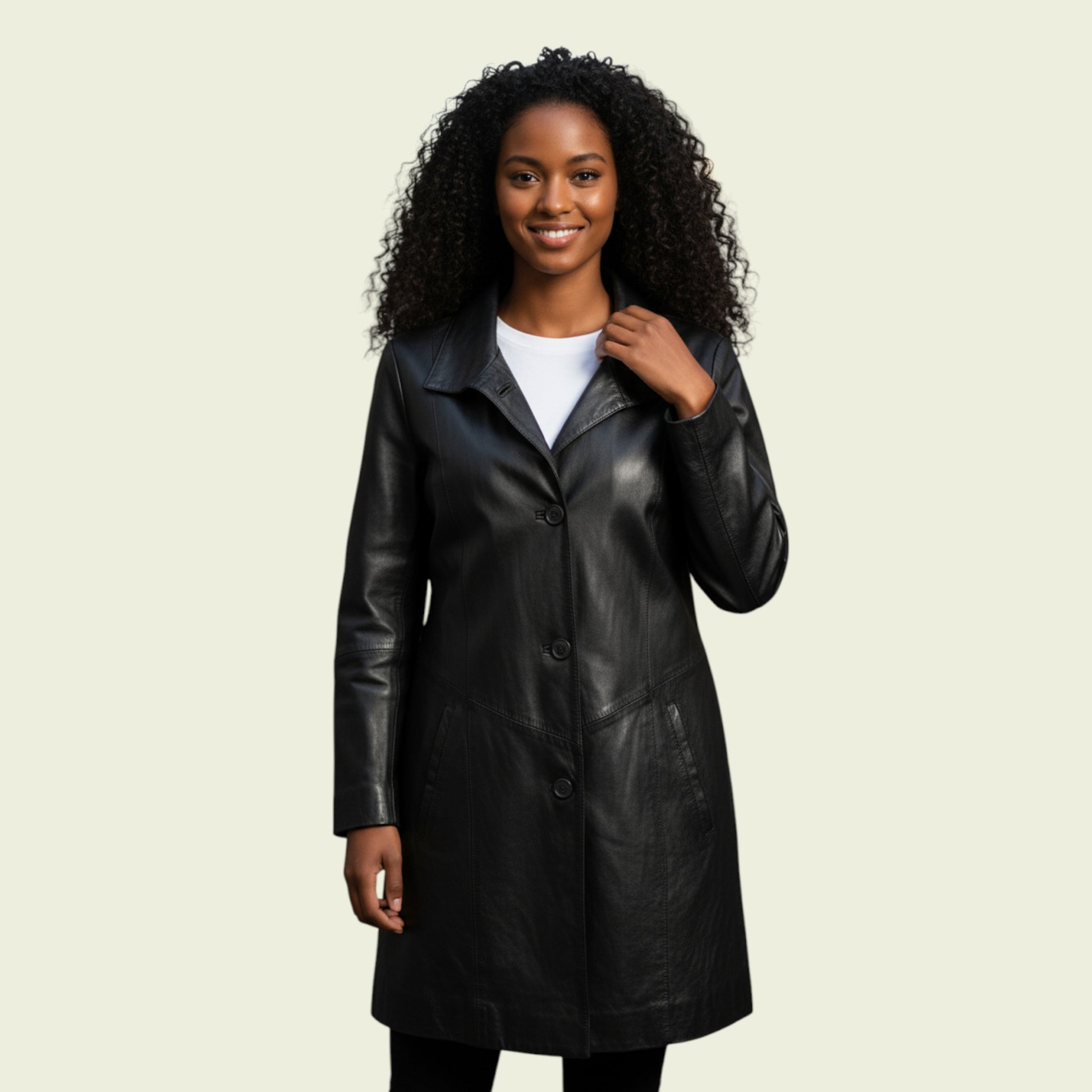 Woman wearing a black leather coat on a beige background