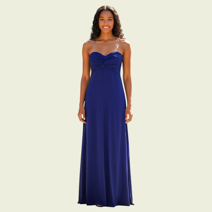 Woman wearing a blue strapless gown on a beige background