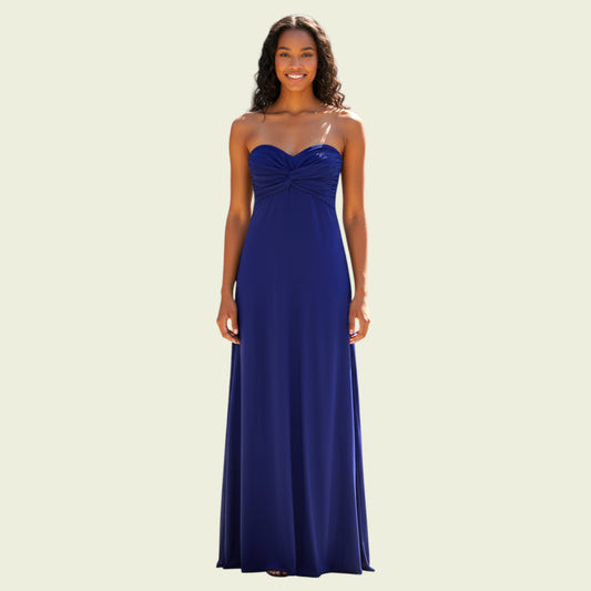 Woman wearing a blue strapless gown on a beige background