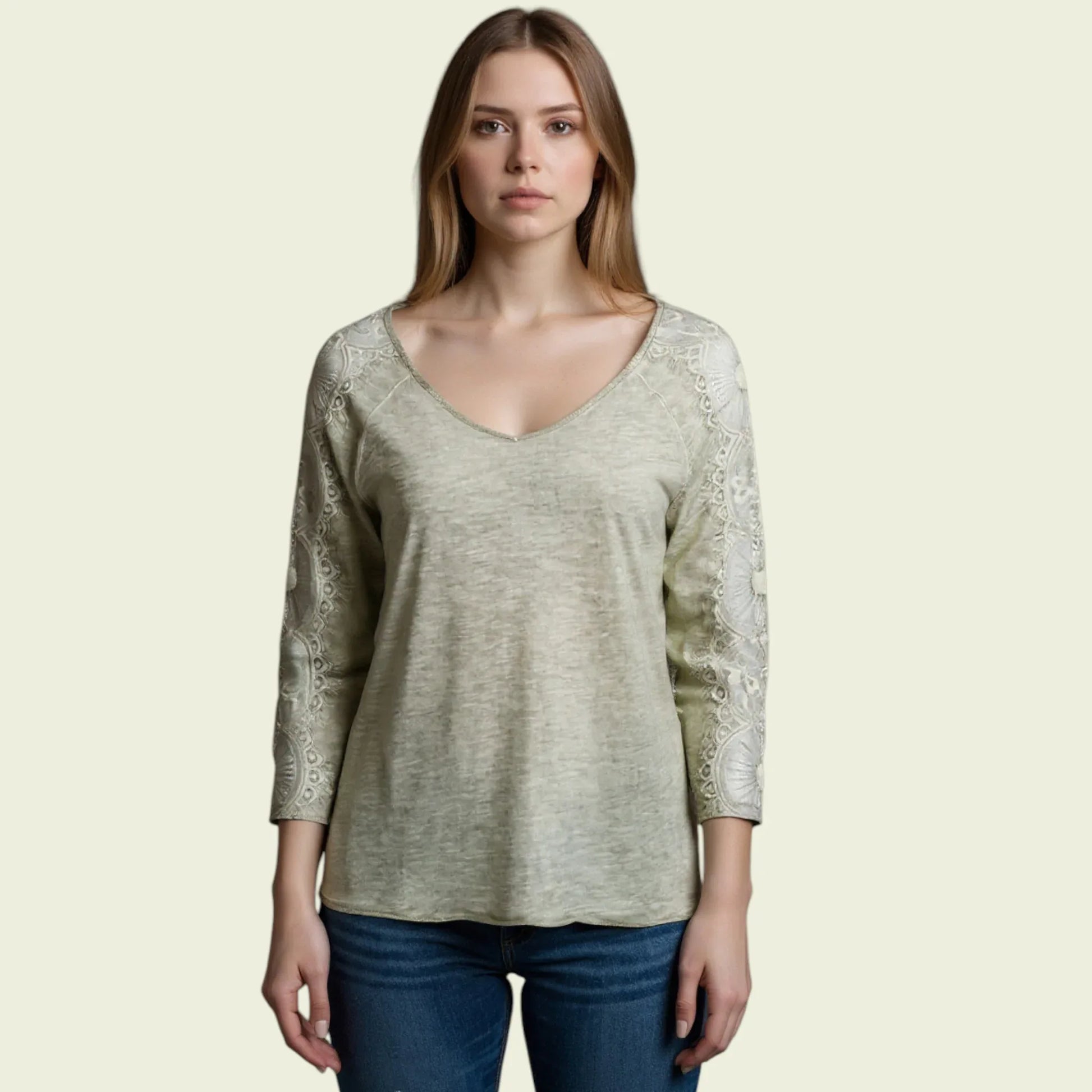 Pomodoro Women's Khaki V-Neck Lace Top UK 14 US 10 EU 42 - Timelessfashions