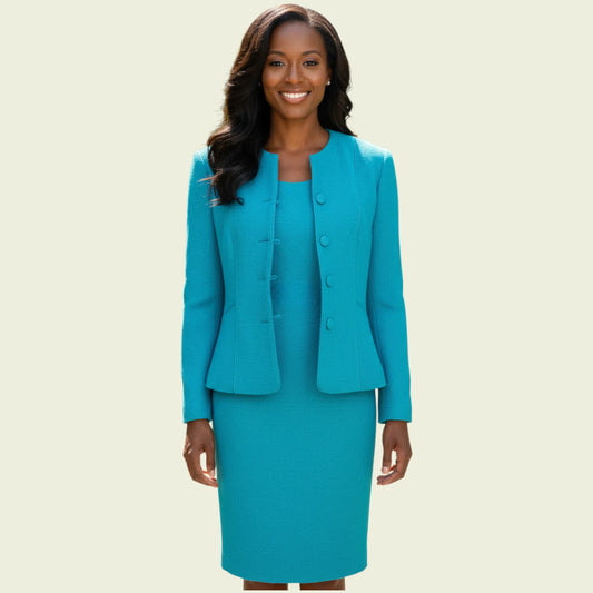 Caroline Charles Vintage Turquoise Blue Dress And Jacket UK 16/18 US 12/14 EU 44/46 - Timelessfashions