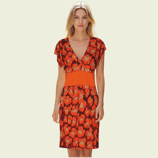 Model wearing bright orange and black dress on beige background