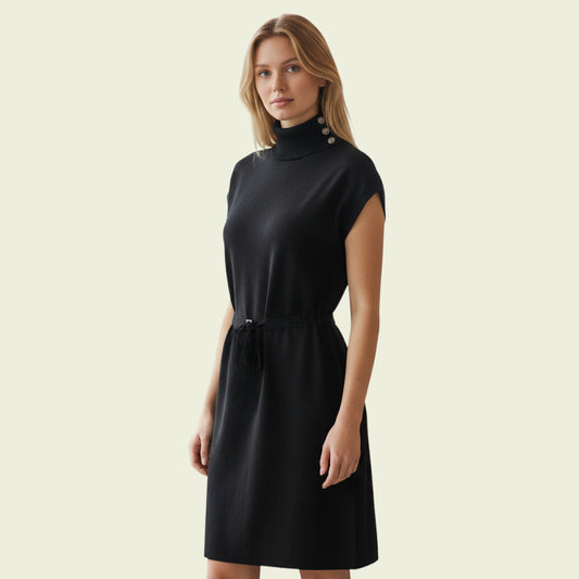 Model wearing black sleeveless dress  on beige background