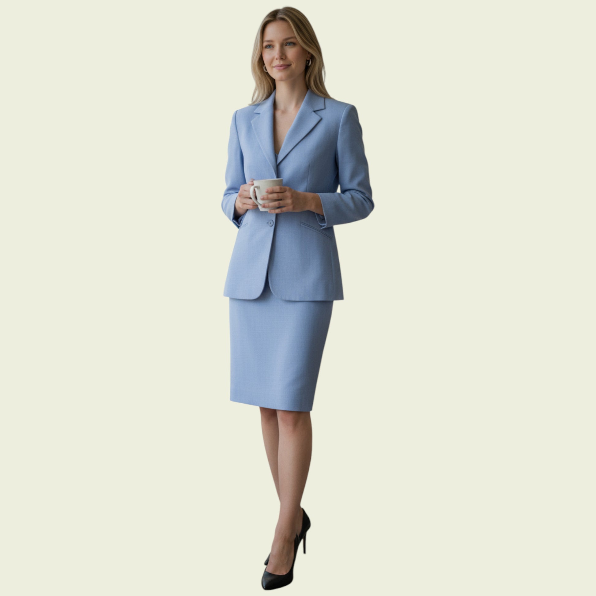 Woman wearing a light blue suit holding a cup on a beige background