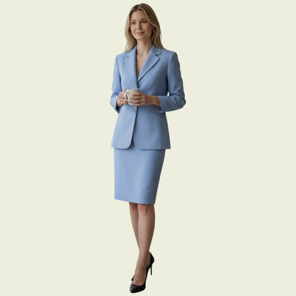 Woman wearing a light blue suit holding a cup on a beige background