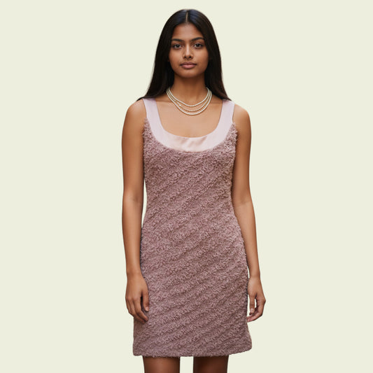 Woman wearing a textured dress with a plain background